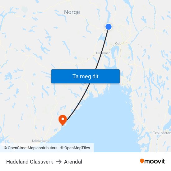 Hadeland Glassverk to Arendal map