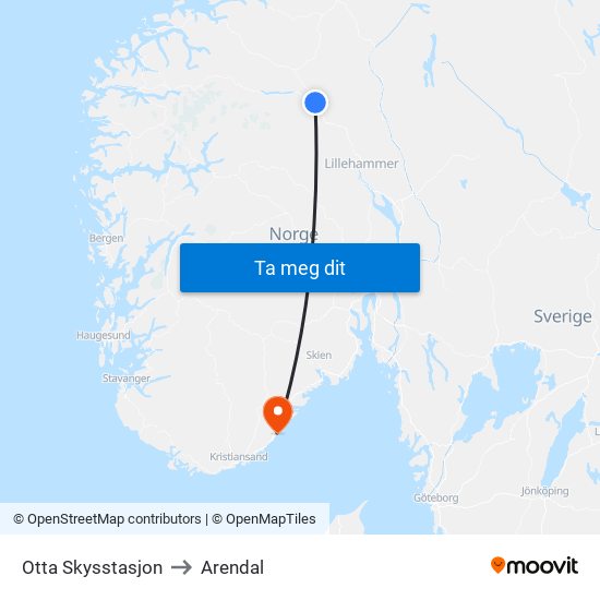 Otta Skysstasjon to Arendal map