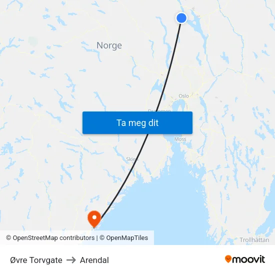 Øvre Torvgate to Arendal map