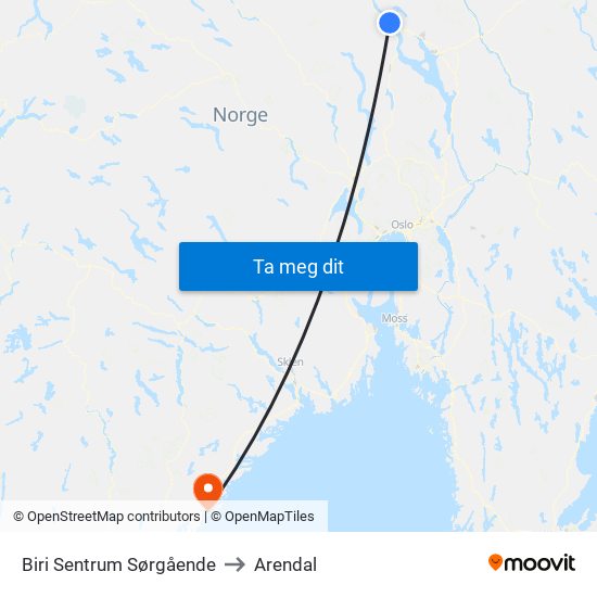 Biri Sentrum Sørgående to Arendal map
