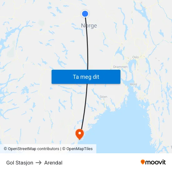 Gol Stasjon to Arendal map