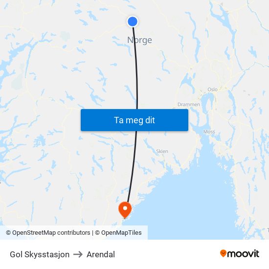 Gol Skysstasjon to Arendal map