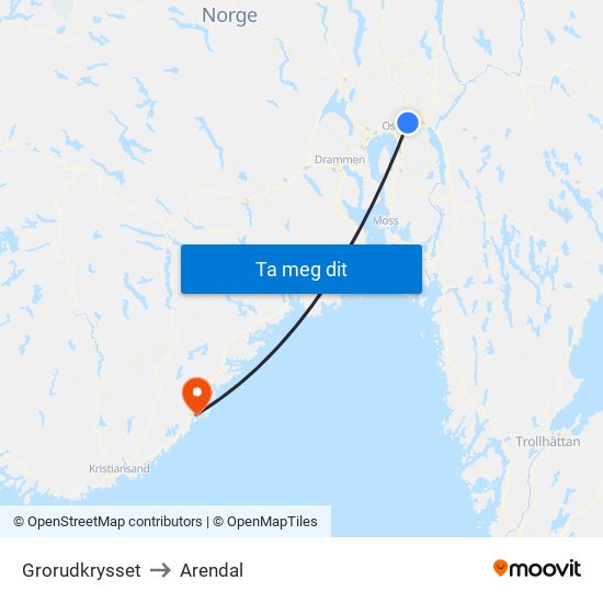 Grorudkrysset to Arendal map