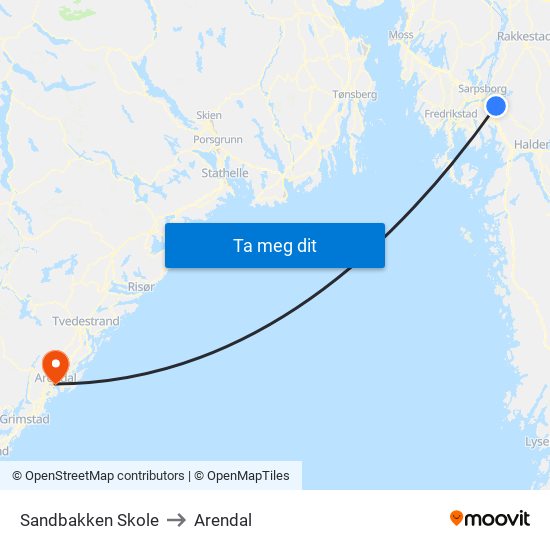 Sandbakken Skole to Arendal map