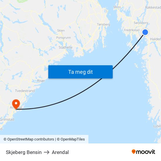 Skjeberg Bensin to Arendal map