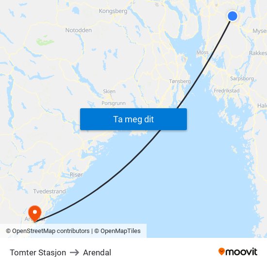 Tomter Stasjon to Arendal map
