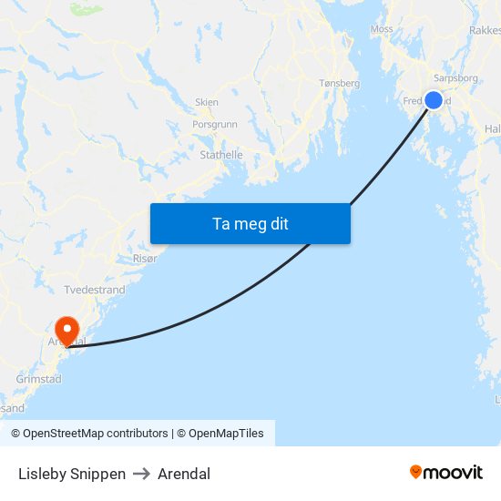 Lisleby Snippen to Arendal map