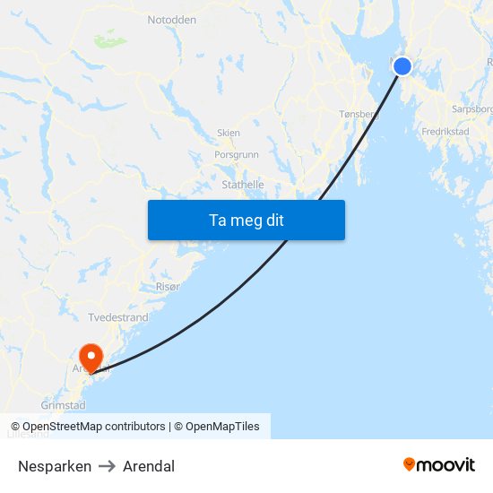 Nesparken to Arendal map