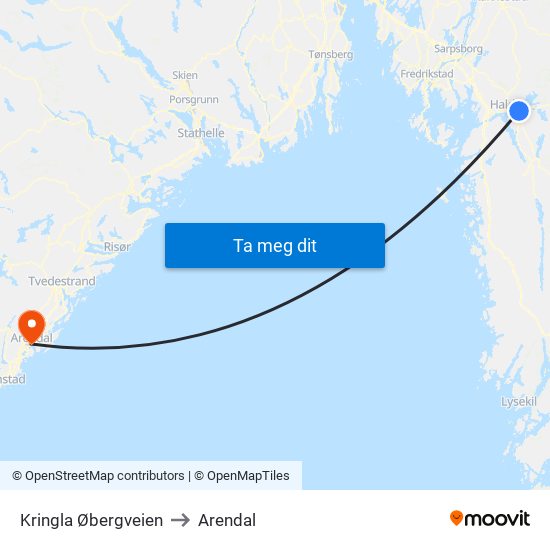 Kringla Øbergveien to Arendal map