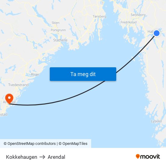 Kokkehaugen to Arendal map