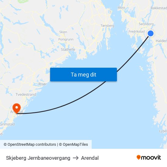 Skjeberg Jernbaneovergang to Arendal map