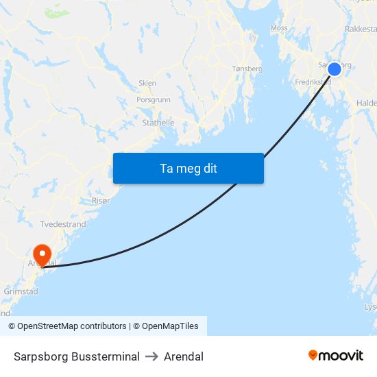 Sarpsborg Bussterminal to Arendal map