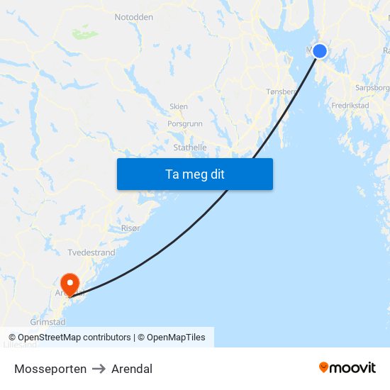 Mosseporten to Arendal map