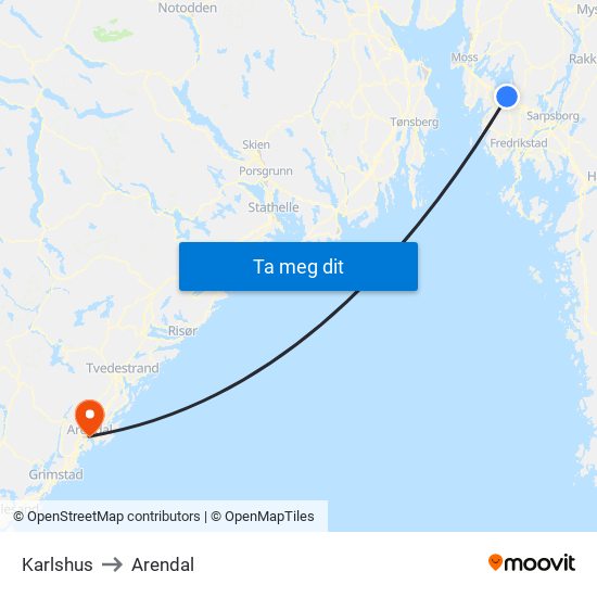 Karlshus to Arendal map