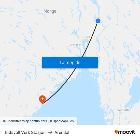 Eidsvoll Verk Stasjon to Arendal map