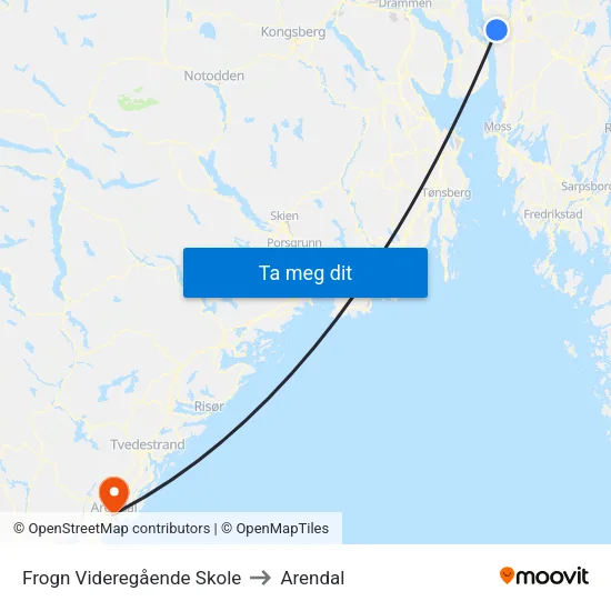 Frogn Videregående Skole to Arendal map
