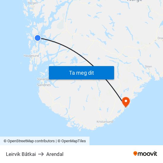 Leirvik Båtkai to Arendal map