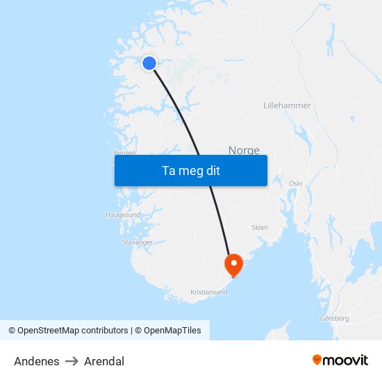 Andenes to Arendal map