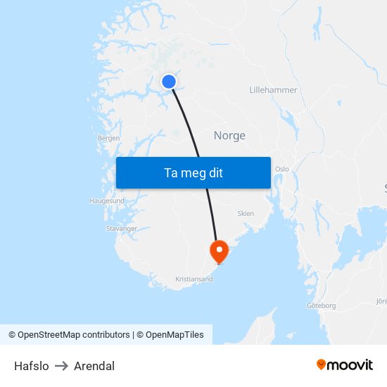 Hafslo to Arendal map