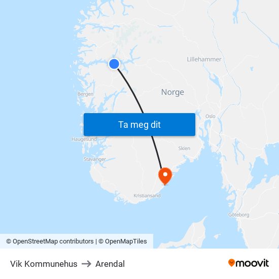 Vik Kommunehus to Arendal map