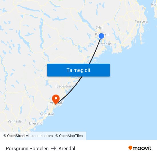 Porsgrunn Porselen to Arendal map