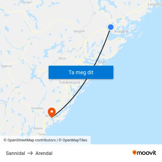 Sannidal to Arendal map
