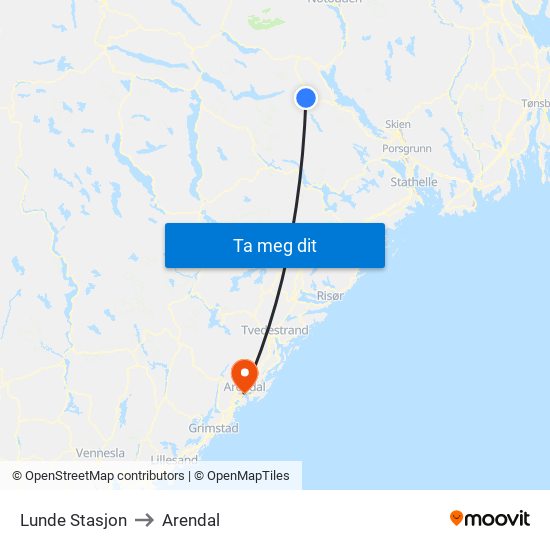 Lunde Stasjon to Arendal map