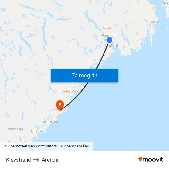 Klevstrand to Arendal map