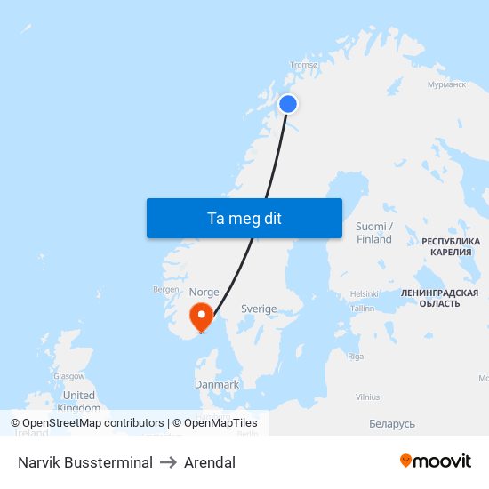 Narvik Bussterminal to Arendal map