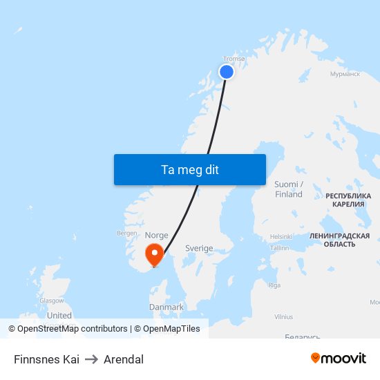 Finnsnes Kai to Arendal map