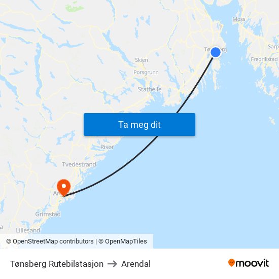 Tønsberg Rutebilstasjon to Arendal map