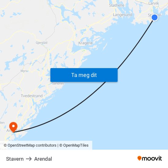Stavern to Arendal map