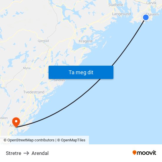 Stretre to Arendal map