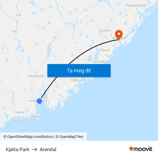 Kjøita Park to Arendal map