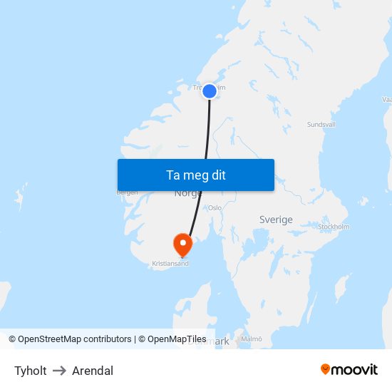 Tyholt to Arendal map