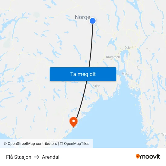 Flå Stasjon to Arendal map