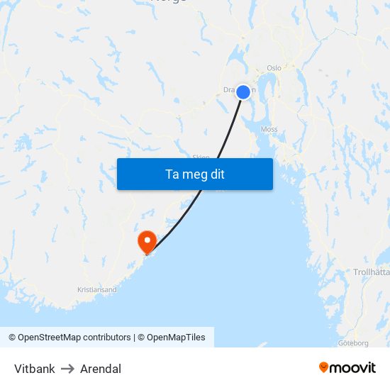 Vitbank to Arendal map