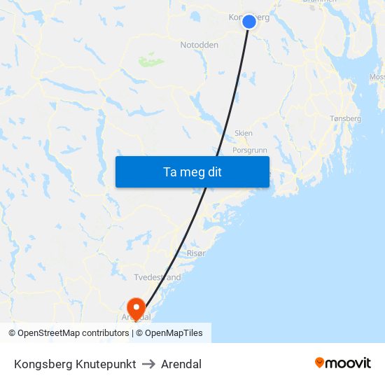 Kongsberg Knutepunkt to Arendal map