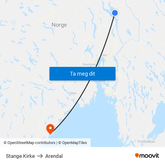 Stange Kirke to Arendal map