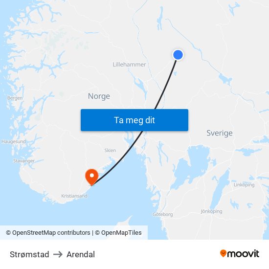 Strømstad to Arendal map