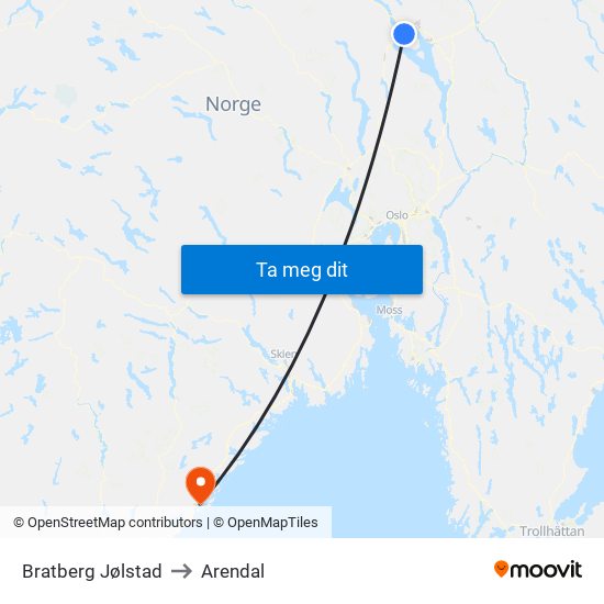 Bratberg Jølstad to Arendal map