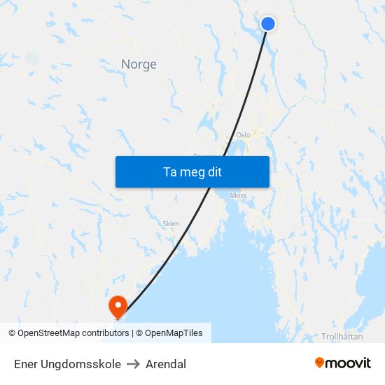 Ener Ungdomsskole to Arendal map