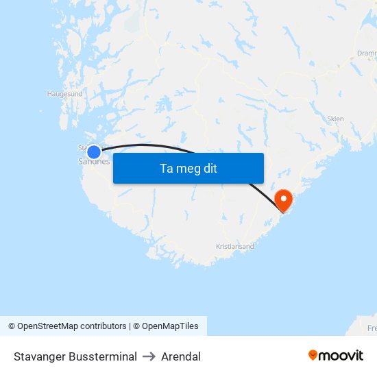 Stavanger Bussterminal to Arendal map