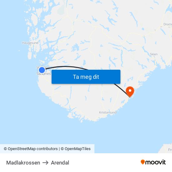 Madlakrossen to Arendal map
