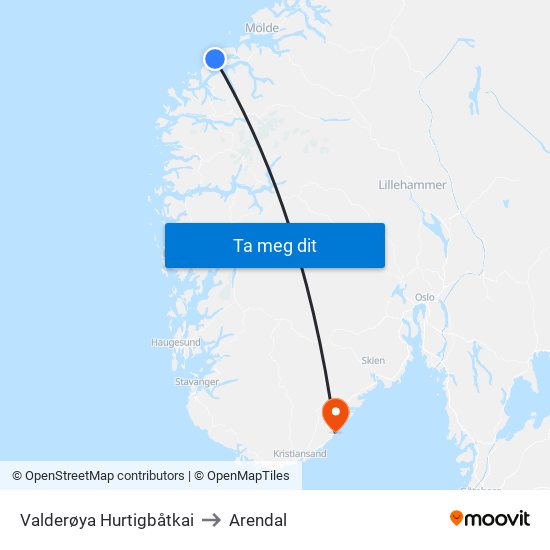 Valderøya Hurtigbåtkai to Arendal map
