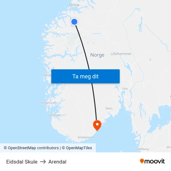 Eidsdal Skule to Arendal map