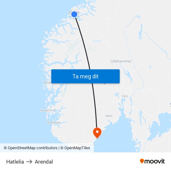 Hatlelia to Arendal map