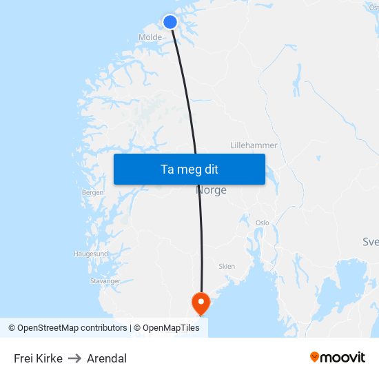 Frei Kirke to Arendal map