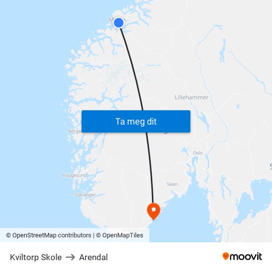 Kviltorp Skole to Arendal map