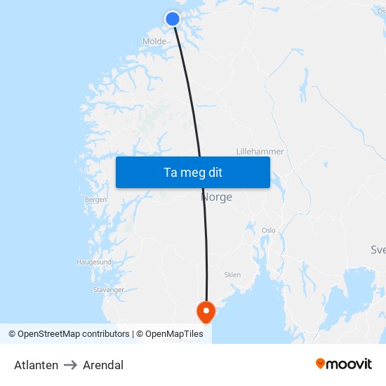 Atlanten to Arendal map